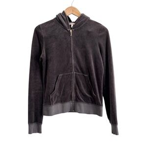Y2K Juicy Couture Velour Dark Grey Embroidered Zip Up Hoodie